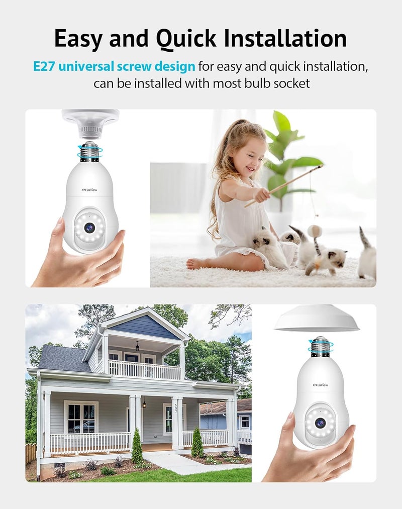 LaView كاميرا أمان لمبة 5MP QHD 2.4GHz، 360° كاميرات أمان 3K لاسلكية داخلية وخارجية ملونة بالكامل نهاراً وليلاً، كشف حركة بالذكاء الاصطناعي، إنذار مسموع، تركيب سهل، متوافقة مع أليكسا - Image 3